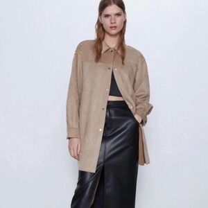 Zara Faux Suede Shirt Jacket Tan‎ XS
